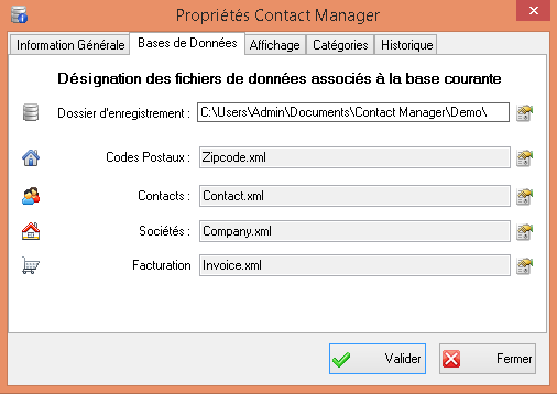 Propriétés de la Base Contact Manager Propriétés Contact Manager